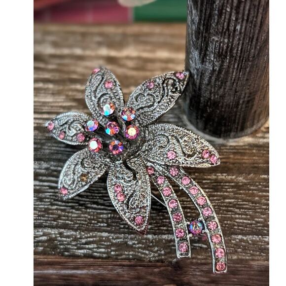 Pink AB Crystal Silver Tone Filigree Floral Brooch - Picture 3 of 5